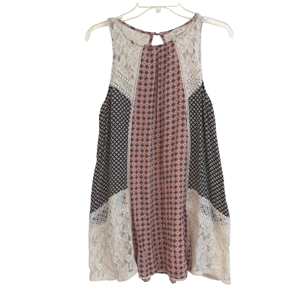 Taylor & Sage Boho Mixed Print Lace Trim Sleeveless Mini Dress Pink Black M